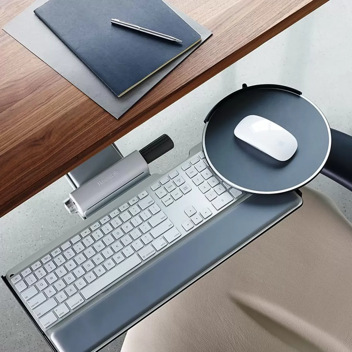 Keyboard tray and mouse platform beneath an office desk