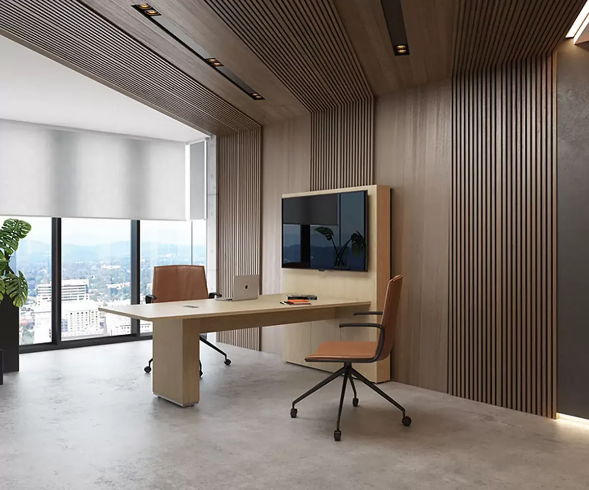 Meeting table and chairs in a shared office space