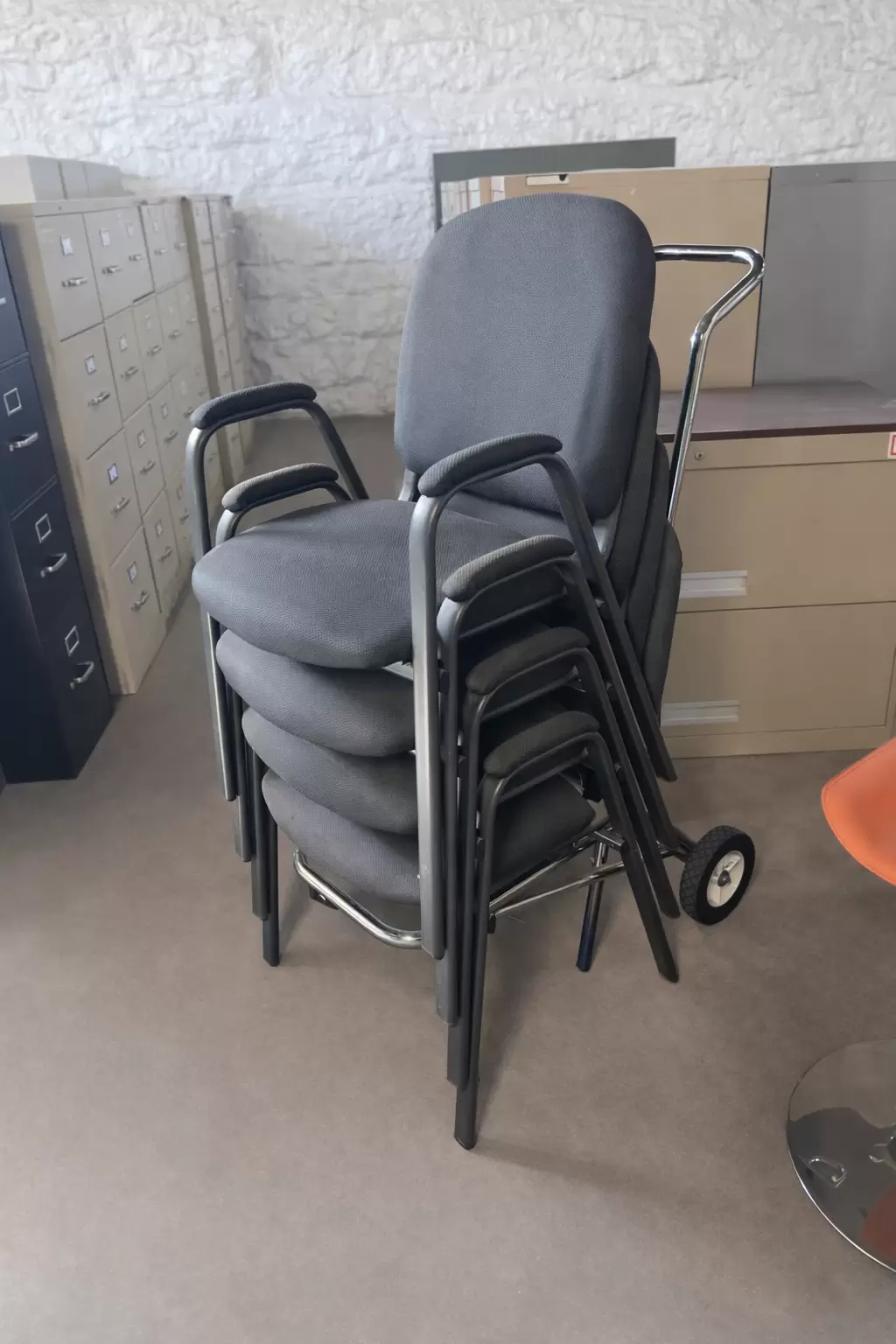 Stackable Office Chairs (Set of 4) + Rolling Cart